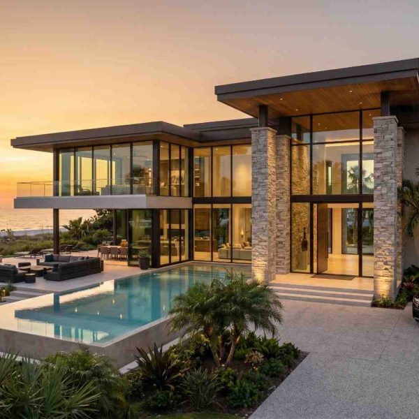 Luxury beachfront mansion with infinity pool, floor-to-ceiling glass windows, and modern stone architecture at sunset. High-end coastal home featuring tropical landscaping, premium outdoor living spaces, ocean views, and contemporary luxury real estate design.