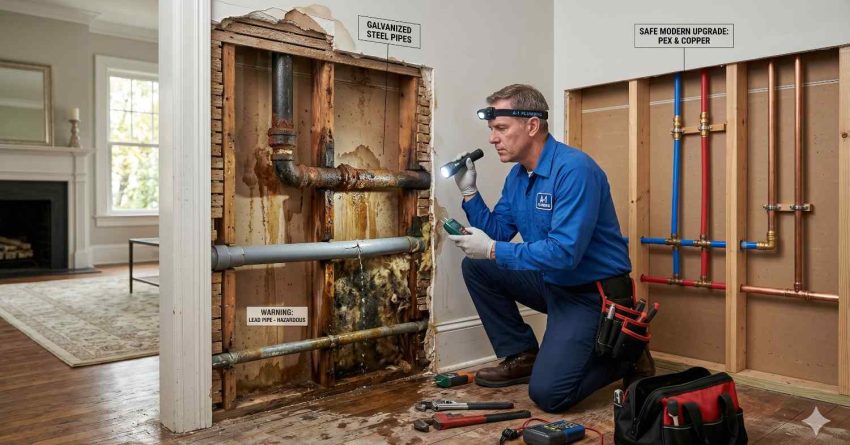 A plumber inspects damaged galvanized steel pipes inside an exposed wall with visible rust and water damage, while a nearby display shows modern PEX and copper piping upgrades for safer residential plumbing replacement.