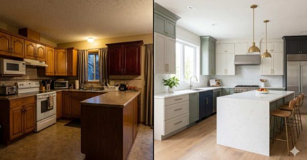 Side-by-side comparison of a dated kitchen and a modern remodeled kitchen. The renovation features bright cabinetry, a large island, updated lighting, stainless steel appliances, and an open, contemporary design.