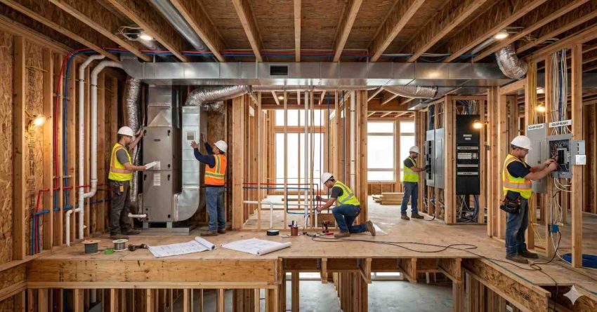 Construction workers install HVAC, electrical, and plumbing systems inside a wooden framed residential building Technicians connect wiring, ductwork, breaker panels, and piping while reviewing blueprints and equipment layouts Exposed beams, unfinished walls, and utility infrastructure reveal the complex mechanical installation process during active home construction and modern building system integration indoors safely