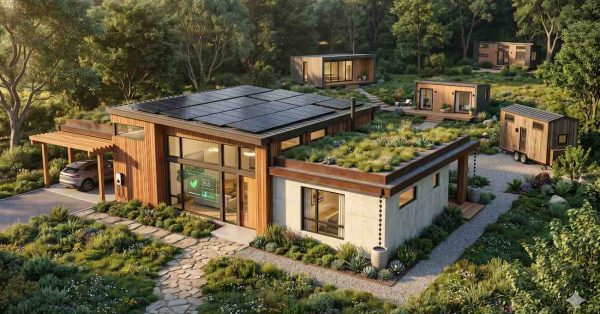 Eco friendly modern home surrounded by lush forest landscaping features rooftop solar panels, green living roof, and energy efficient design Nearby tiny houses and garden pathways create a sustainable residential community Large windows, natural wood accents, and electric vehicle charging showcase environmentally conscious architecture blending modern comfort with peaceful off grid living in nature