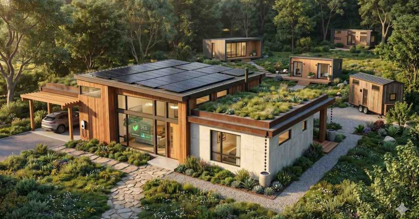 Eco friendly modern home surrounded by lush forest landscaping features rooftop solar panels, green living roof, and energy efficient design Nearby tiny houses and garden pathways create a sustainable residential community Large windows, natural wood accents, and electric vehicle charging showcase environmentally conscious architecture blending modern comfort with peaceful off grid living in nature