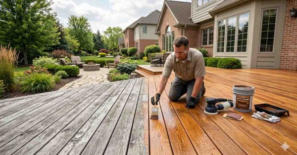 Split-screen deck restoration transformation showing a contractor refinishing weathered gray wood decking into a rich, protected surface. Half the deck appears aged and faded, while the restored section displays fresh stain and enhanced color. Sanding tools, deck coating products, and landscaping highlight professional deck refinishing, maintenance, preservation, and outdoor renovation services.
