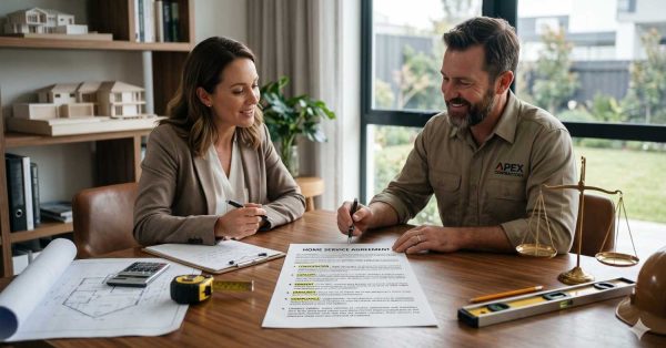 Homeowner and contractor reviewing and signing a home service agreement at a table with blueprints, tools, and measuring equipment. The professional meeting in a modern office highlights renovation planning, contract approval, and residential construction services.