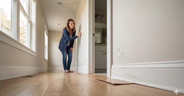 A homeowner inspects water-damaged walls and warped hardwood flooring in a hallway, with visible ceiling stains, bubbling paint, and moisture damage indicating possible leaks or flooding inside the house.