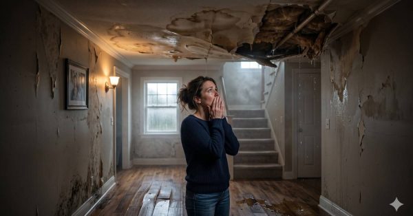 Distressed homeowner stands in a severely water-damaged hallway with collapsing ceiling, peeling walls, mold growth, and leaking pipes overhead. Damaged hardwood floors and dark stains emphasize the devastating impact of flooding, leaks, and neglected home moisture problems.