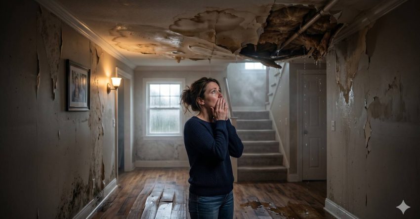 Distressed homeowner stands in a severely water-damaged hallway with collapsing ceiling, peeling walls, mold growth, and leaking pipes overhead. Damaged hardwood floors and dark stains emphasize the devastating impact of flooding, leaks, and neglected home moisture problems.