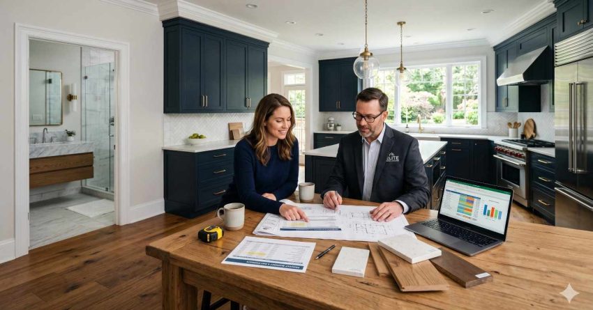 Homeowner meeting with a renovation consultant in a modern kitchen to review remodeling plans, budget charts, and material samples. The updated home features dark blue cabinetry, hardwood floors, stainless steel appliances, and a luxury bathroom visible in the background.