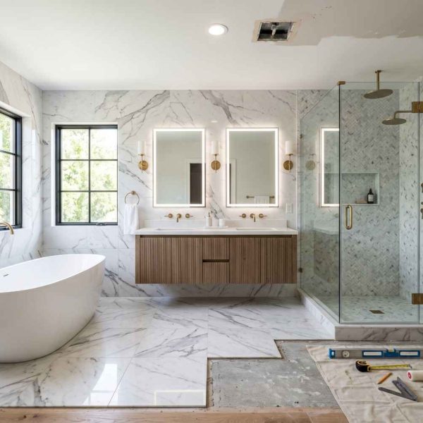 Luxury bathroom remodel in progress featuring a freestanding soaking tub, walk-in marble shower, double vanity, and premium fixtures. High-end bathroom renovation showcasing modern design, custom finishes, natural light, and professional residential remodeling craftsmanship.
