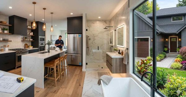 Modern open-concept home interior featuring a renovated kitchen and luxury bathroom with marble finishes, large windows, and contemporary lighting. A landscaped exterior entrance is visible outside, showcasing upscale home remodeling, interior design, and modern residential architecture.