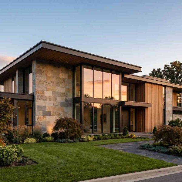 Modern luxury home with contemporary architecture, natural stone facade, floor-to-ceiling windows, and landscaped front yard. Elegant custom residence featuring premium exterior design, expansive glass walls, and upscale curb appeal in a serene residential neighborhood.