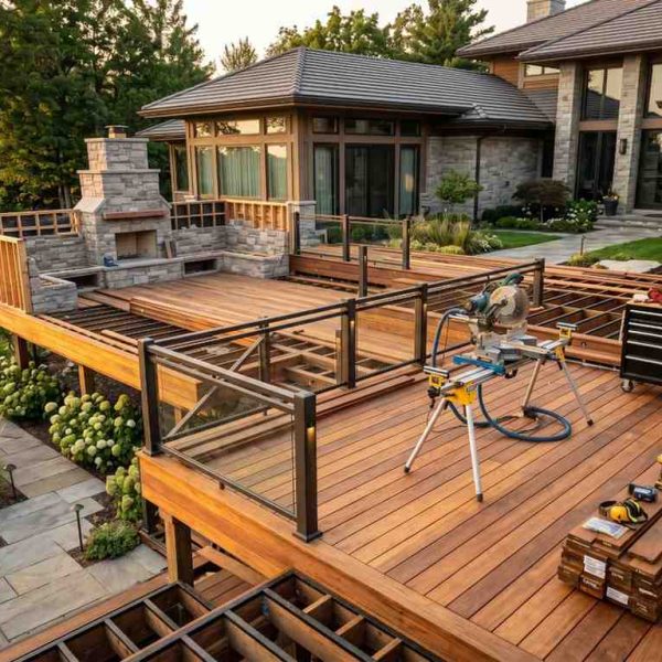 Luxury custom deck construction featuring hardwood decking, glass railings, outdoor fireplace, and premium backyard living space. Residential deck renovation in progress showcasing custom carpentry, outdoor entertainment design, upscale landscape architecture, and high-end home improvement with modern outdoor amenities.