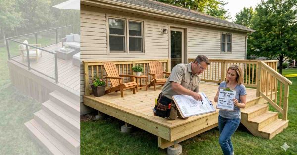 Contractor reviews deck construction plans with a homeowner beside a newly built wooden backyard deck. The homeowner holds a project budget sheet outlining estimated costs, while a faded comparison image shows an upgraded deck design with modern railings. The scene highlights deck planning, budgeting, design choices, construction consultation, and renovation decisions.
