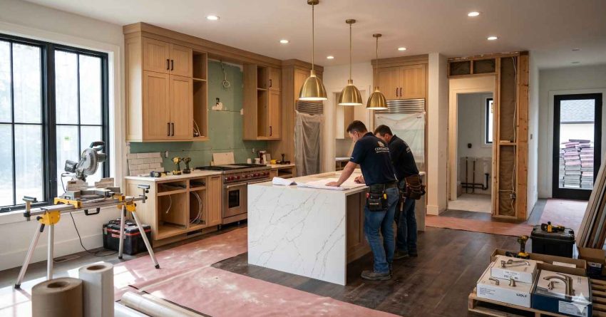 Two contractors review plans in a partially renovated modern kitchen featuring unfinished cabinetry, a marble island, construction tools, and exposed walls. Pendant lights and large windows brighten the workspace during the home remodeling project.