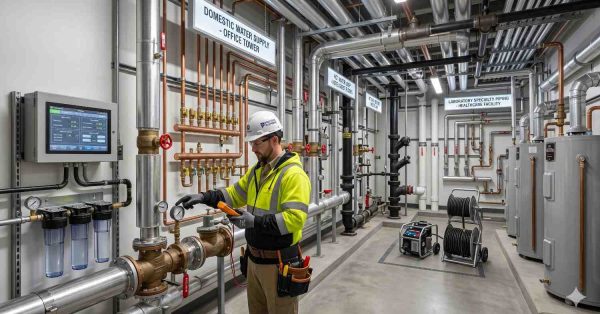 Technician inspects and services a commercial water supply system inside a mechanical room filled with pipes, valves, gauges, filtration equipment, and water heaters. Digital monitoring controls are mounted on the wall while specialized plumbing infrastructure supports multiple building systems. The image highlights industrial plumbing maintenance, water management, safety, and facility operations.
