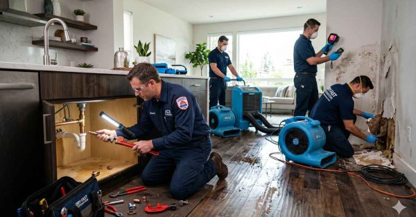 Water damage restoration team repairs a flooded home interior using plumbing, moisture detection, and structural drying equipment. Technicians inspect under-sink plumbing, remove water-damaged drywall, measure moisture levels, and operate commercial air movers and dehumidifiers. Scene highlights emergency water mitigation, leak detection, mold prevention, flood cleanup, and comprehensive property restoration services.
