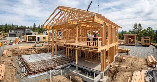 Wood framed two story house under construction with exposed beams, roof trusses, and foundation work at an active residential development site Construction workers review blueprints from the upper level while concrete slabs, plumbing lines, and lumber materials surround the structure Nearby modular homes and modern residences highlight ongoing suburban community growth and building progress outdoors