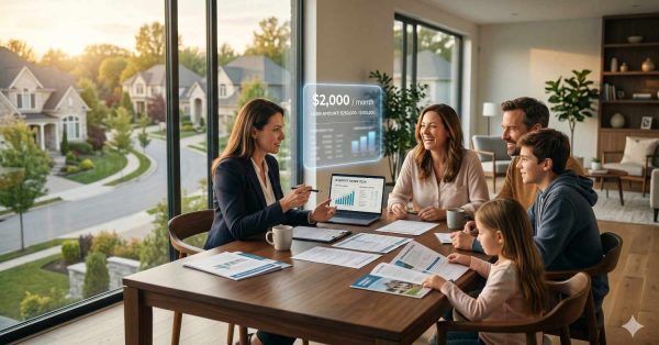 Real estate advisor meeting with a family in a modern home to discuss mortgage payments and home financing options. Documents, charts, and a digital loan estimate display on the table, illustrating financial planning, home buying consultation, and residential mortgage budgeting in a bright living space.
