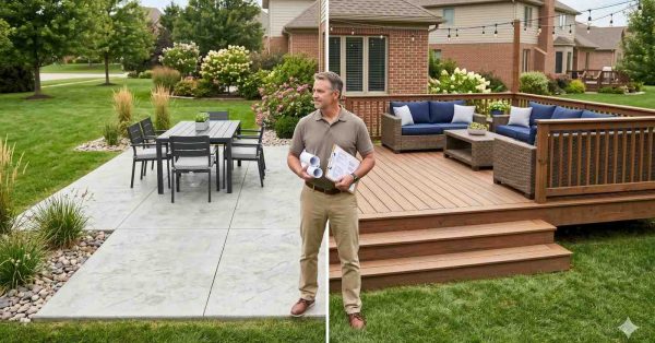 Split-image comparison showing two backyard outdoor living options beside a suburban home. One side features a stamped concrete patio with dining furniture, while the other showcases an elevated wooden deck with steps, railing, and cushioned seating. A homeowner holding plans stands between both designs, illustrating patio-versus-deck choices.