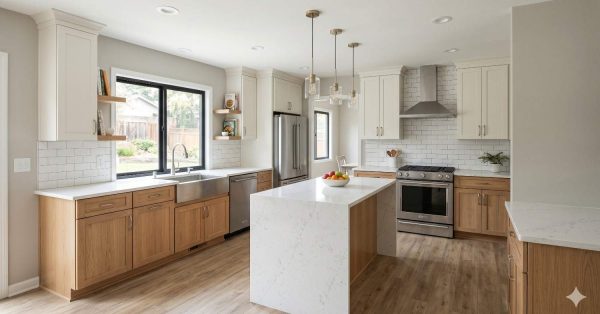 Bright modern kitchen with white countertops, natural wood cabinetry, stainless steel appliances, subway tile backsplash, and a large center island. Pendant lighting and open shelving enhance the clean, contemporary design.