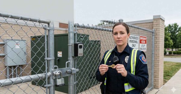 Security officer stands beside a locked chain-link gate protecting a restricted utility enclosure. Holding an access key, the officer is positioned near an electronic access control device and padlock. Warning signs indicate authorized personnel only. The image highlights facility security, controlled access, perimeter protection, key management, and infrastructure safeguarding measures.