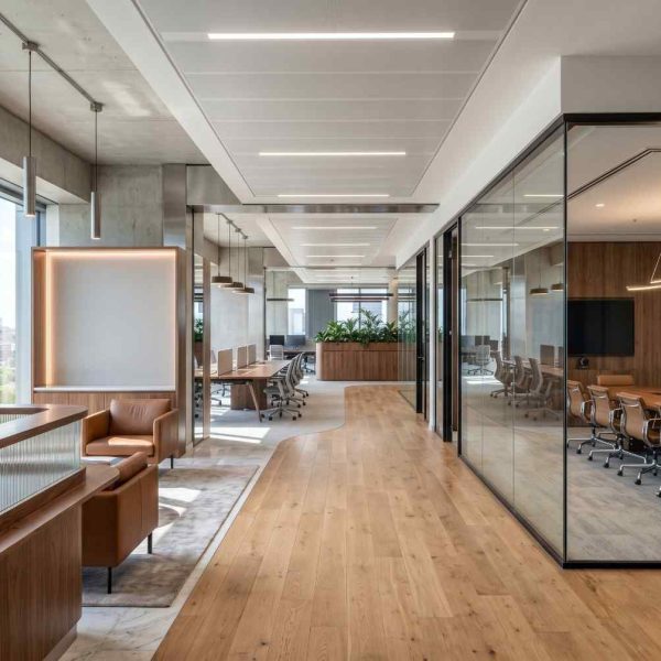 Modern open-plan office interior with glass-walled conference rooms, wooden flooring, ergonomic seating, natural daylight, and contemporary lighting. Professional corporate workspace featuring collaborative meeting areas, premium office design, and a city skyline view, ideal for business, commercial real estate, and workplace environment content.