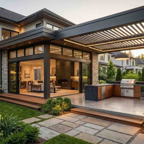 Luxury outdoor living space with covered patio, built-in outdoor kitchen, modern pergola, and seamless indoor-outdoor design. Contemporary backyard renovation featuring premium landscaping, custom grilling station, floor-to-ceiling glass doors, and upscale residential architecture.