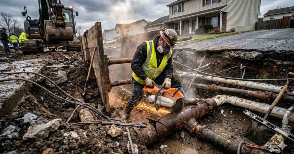 Construction worker cutting through a damaged underground utility pipe in a muddy residential street trench. Heavy equipment, exposed pipelines, and repair crews surround the excavation site, illustrating emergency infrastructure repair, utility maintenance, and road construction work under cloudy skies.