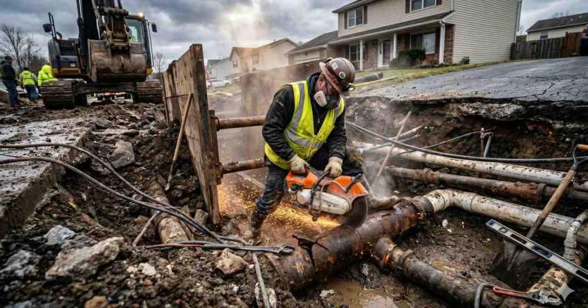 Construction worker cutting through a damaged underground utility pipe in a muddy residential street trench. Heavy equipment, exposed pipelines, and repair crews surround the excavation site, illustrating emergency infrastructure repair, utility maintenance, and road construction work under cloudy skies.