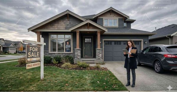 Real estate agent reviews documents outside a suburban home with a “For Sale” and “Price Reduced” sign. Overlay graphics showing a stale listing and extended market time suggest challenges selling the property.