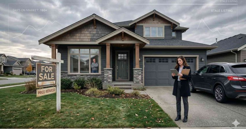 Real estate agent reviews documents outside a suburban home with a “For Sale” and “Price Reduced” sign. Overlay graphics showing a stale listing and extended market time suggest challenges selling the property.