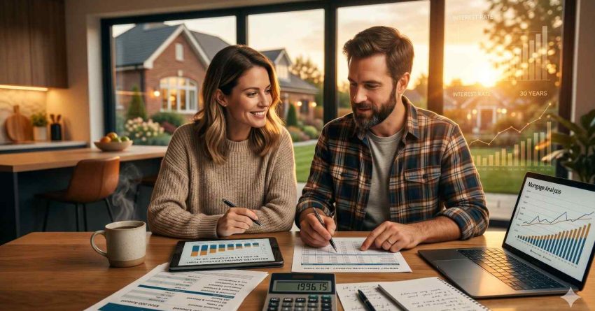 Couple reviewing mortgage documents and interest rate charts at a kitchen table in a modern home. Financial reports, a calculator, tablet, and laptop displaying mortgage analysis highlight home financing, budgeting, and long-term housing costs.