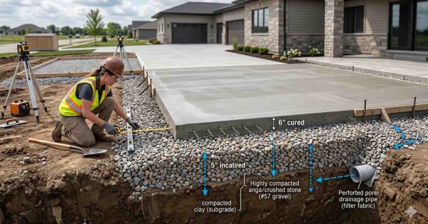 Construction worker measures and inspects a newly poured concrete driveway during installation. A cutaway illustration reveals the engineered foundation layers, including compacted subgrade, crushed stone base, drainage pipe, and concrete slab thickness. Surveying equipment and labeled dimensions highlight proper grading, drainage, structural support, durability, and professional driveway construction standards.