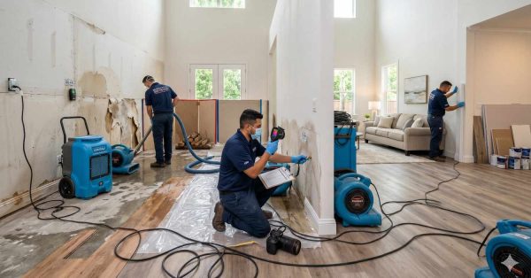 Water damage restoration team assesses and repairs a flooded residential interior using moisture meters, air movers, dehumidifiers, and drying equipment. Technicians inspect wet drywall, document damage, remove affected materials, and monitor moisture levels. Large open living space shows active remediation efforts focused on flood cleanup, structural drying, mold prevention, and property restoration.
