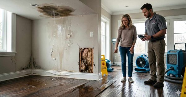 Homeowner and restoration technician inspecting severe water damage inside a house. Leaking ceilings, cracked walls, mold growth, and damaged flooring are visible while drying equipment and air movers highlight ongoing flood and moisture remediation efforts.