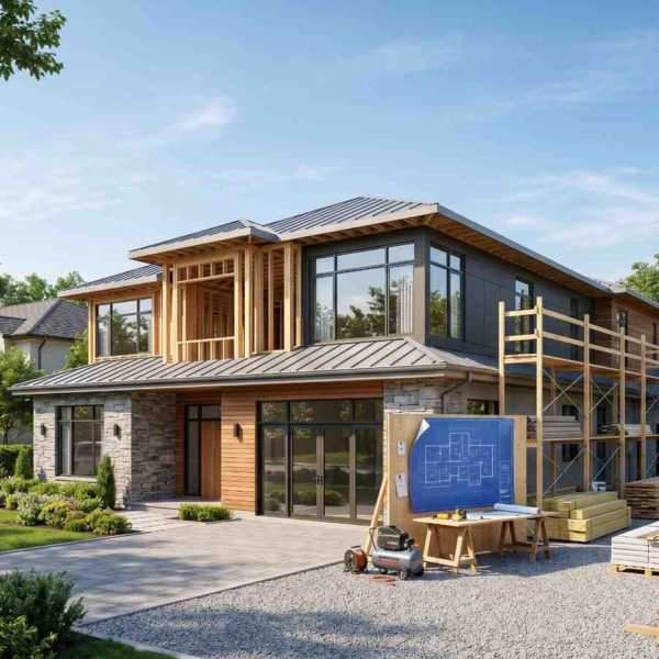 Modern custom home under construction featuring contemporary architecture, residential framing, scaffolding, building plans, and construction materials. New luxury house development showcasing professional home building, structural design, and high-quality residential construction services.