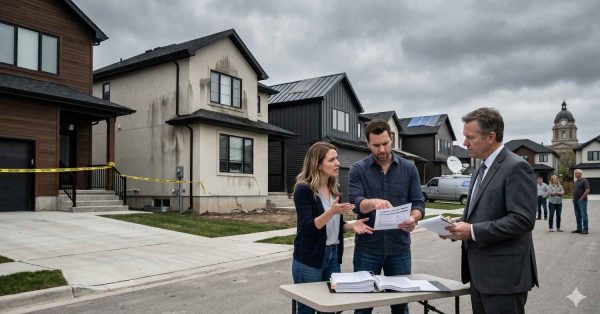 Homeowners speak with an insurance adjuster or inspector outside a damaged suburban house under stormy skies. Water stains and caution tape surround the property as documents are reviewed during a residential damage assessment.