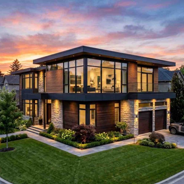 Luxury custom home with manicured landscaping, spacious driveway, backyard swimming pool, and elegant modern architecture. High-end residential property featuring premium exterior design, energy-efficient construction, and upscale outdoor living spaces in a prestigious neighborhood.
