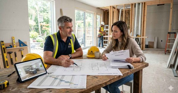 Contractor reviews renovation plans, cost estimates, and insurance documents with a homeowner inside a house under construction. Blueprints, tools, and a tablet displaying interior designs sit on the table while workers continue building in the background.
