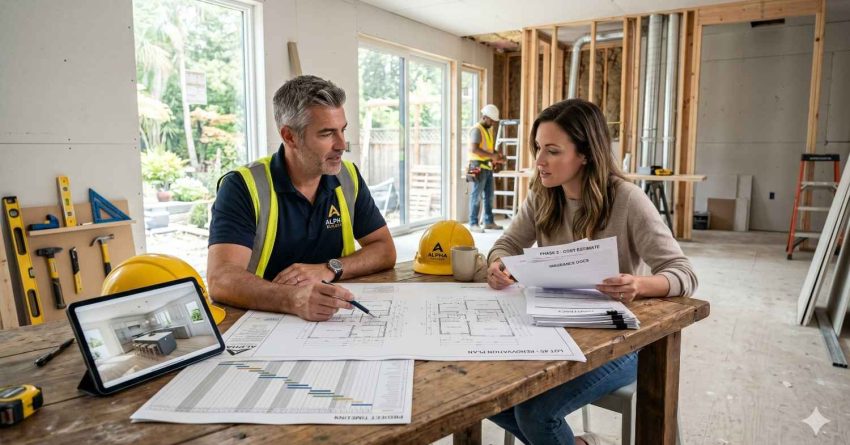 Contractor reviews renovation plans, cost estimates, and insurance documents with a homeowner inside a house under construction. Blueprints, tools, and a tablet displaying interior designs sit on the table while workers continue building in the background.