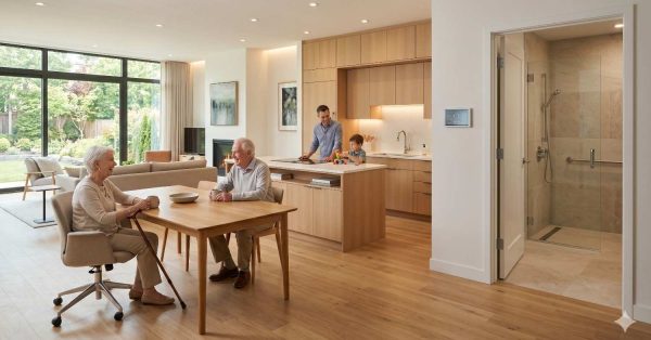 Bright, modern open-plan home interior featuring elderly couple seated at wooden dining table, with caregiver and child in contemporary kitchen background. Spacious living area includes large windows, natural light, light wood flooring, and minimalist décor. Accessible bathroom with walk-in shower and grab bars highlights aging-in-place, multigenerational, universally designed living environment.