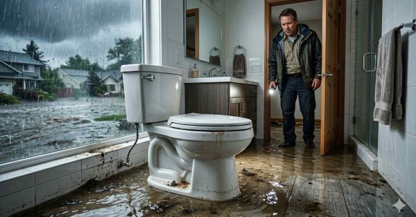 Flooded residential bathroom with standing water, muddy debris, and storm damage visible through large window during heavy rain. Homeowner inspects water intrusion using a flashlight near toilet, vanity, and glass shower enclosure. Emergency water damage assessment highlights flooding, moisture issues, cleanup needs, restoration services, and property repair after severe weather.