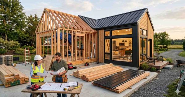 Two construction professionals review building plans beside a partially framed modern house under construction, with lumber, tools, and materials surrounding a finished section featuring large windows and contemporary design.