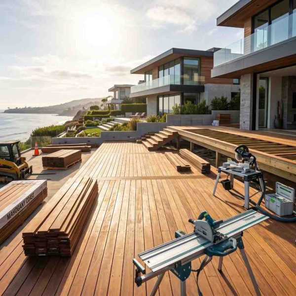 Oceanfront deck construction project featuring premium hardwood decking, framing, and contractor tools beside a luxury coastal home. Custom deck installation overlooks scenic waterfront views, showcasing professional deck building, outdoor living design, residential renovation, structural craftsmanship, and high-end backyard development.