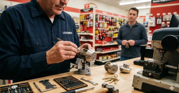 Locksmith works at a shop counter repairing or rekeying a door lock cylinder using precision tools. Keys, lock components, and equipment are spread across the workspace while a customer waits nearby inside a hardware store setting.