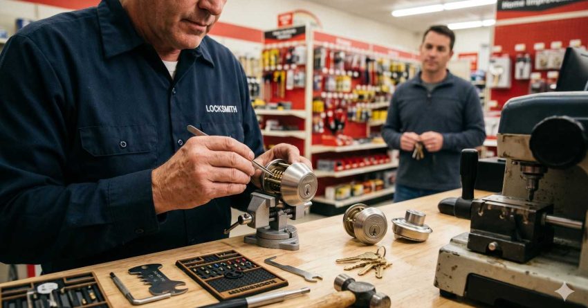 Locksmith works at a shop counter repairing or rekeying a door lock cylinder using precision tools. Keys, lock components, and equipment are spread across the workspace while a customer waits nearby inside a hardware store setting.