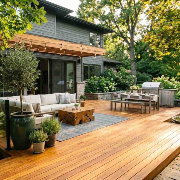 Custom backyard deck with outdoor seating, dining area, and built-in grill beside a modern home. Premium wood decking surrounded by mature trees and landscaped gardens creates a stylish outdoor living space, showcasing deck installation, patio design, outdoor entertaining, and luxury backyard renovation.