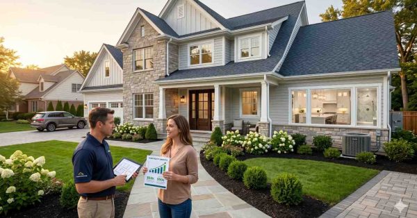 A homeowner and contractor stand outside a newly renovated house, reviewing project documents and home improvement value estimates. The modern residence features updated siding, stone accents, landscaped gardens, and visible interior upgrades through large windows. The image highlights successful remodeling results, curb appeal enhancements, property value growth, and homeowner satisfaction.
