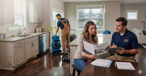 Homeowners meet with an insurance representative in a water-damaged kitchen while a restoration worker operates drying equipment nearby. Wet hardwood floors, cleanup tools, and insurance documents highlight a home flood or water damage claim and recovery process.