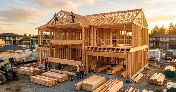 Construction workers frame a large two-story wooden house at a residential building site. Lumber stacks, heavy equipment, and roof trusses surround the unfinished structure during active home construction at sunset.